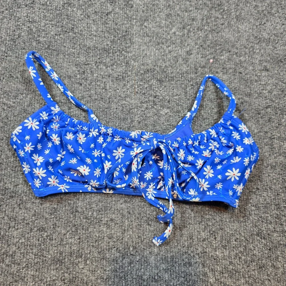 Blue Daisy M Floral Print Bikini‎ Top Ruched Front Tie Bralette Swimwear Womens